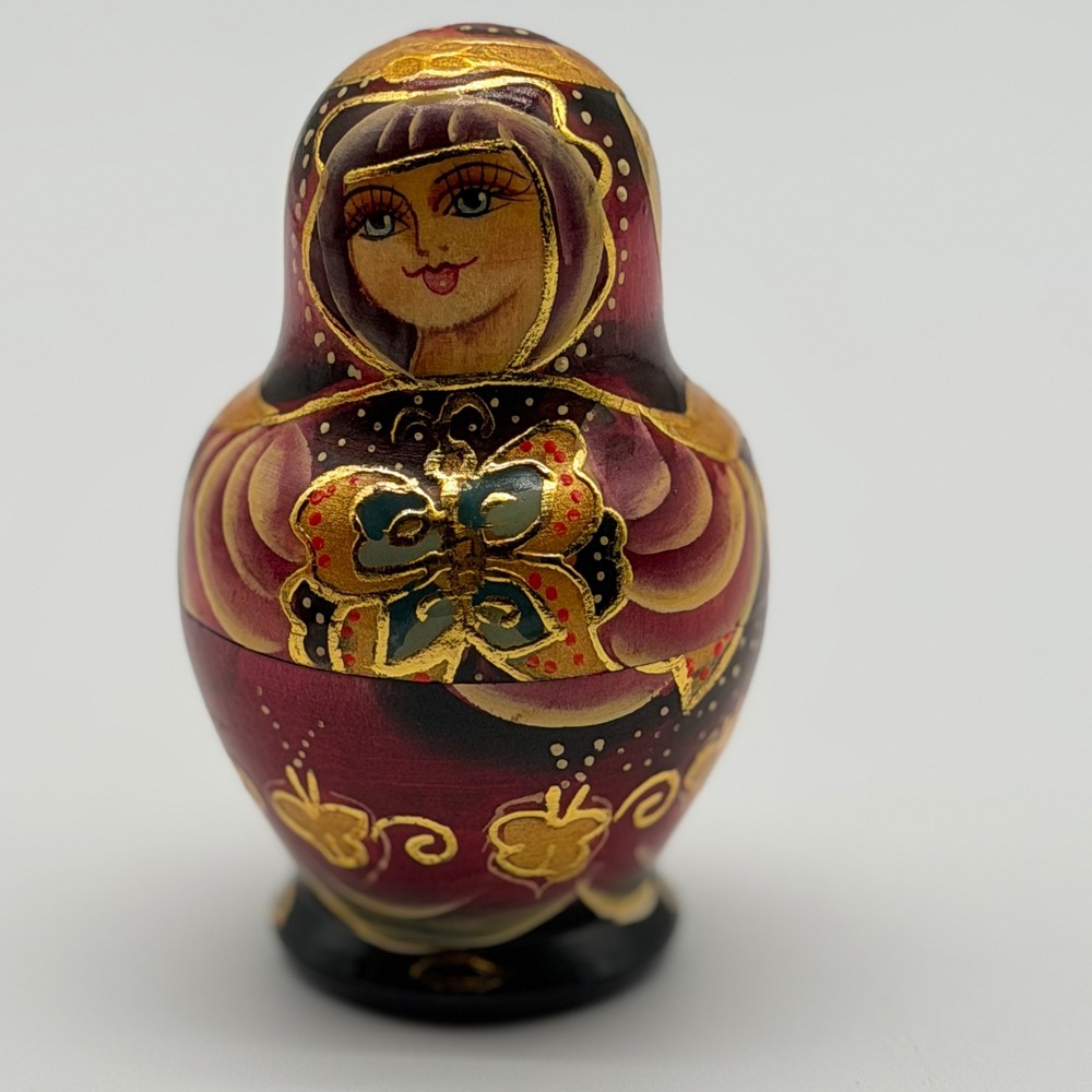 Vintage Russian Nesting Dolls Matryoshka 5pc Set Burgundy Gold Butterfly Wood